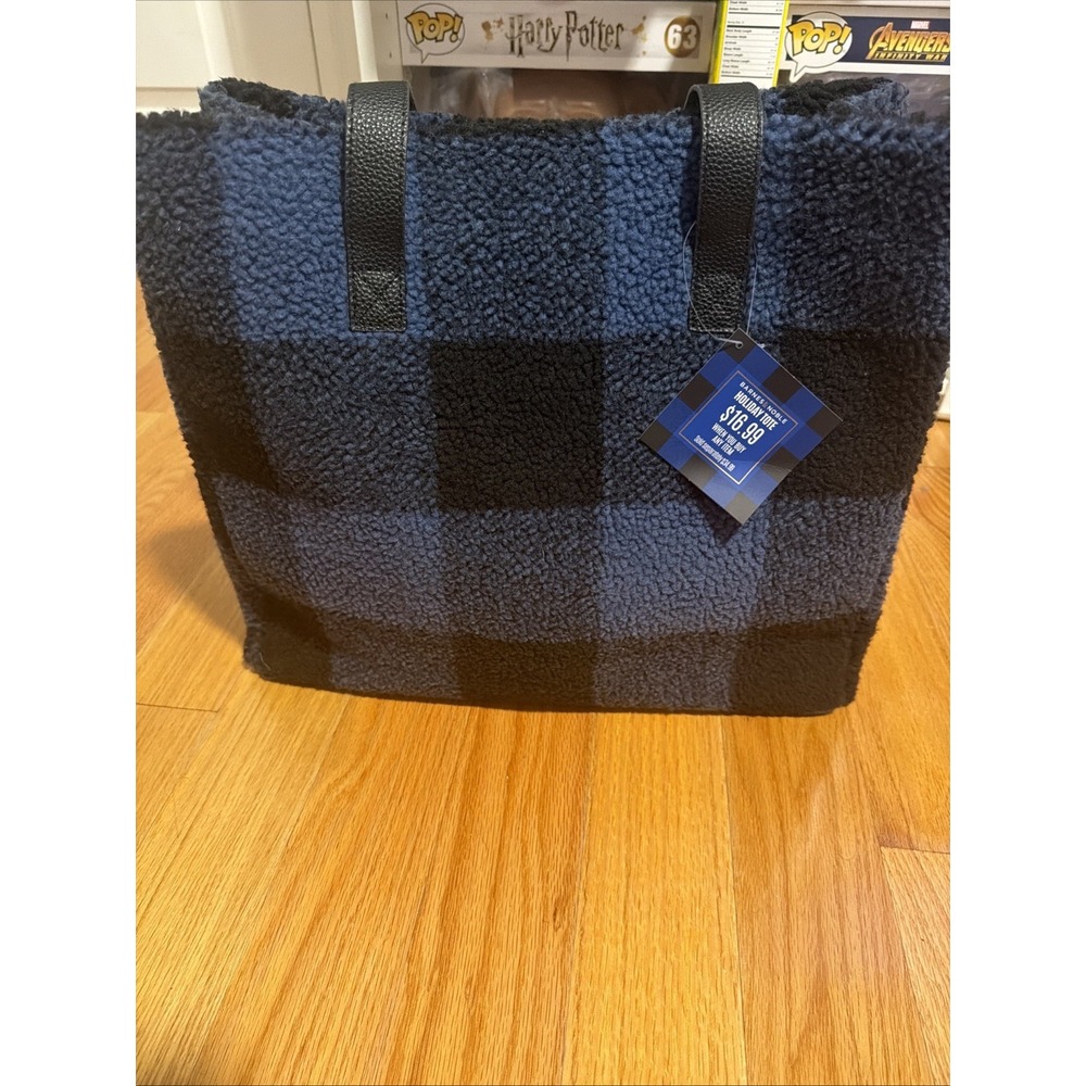 B&N Exclusive Blue Buffalo Plaid Sherpa Tote "Rare Out Of Stock" - Blue